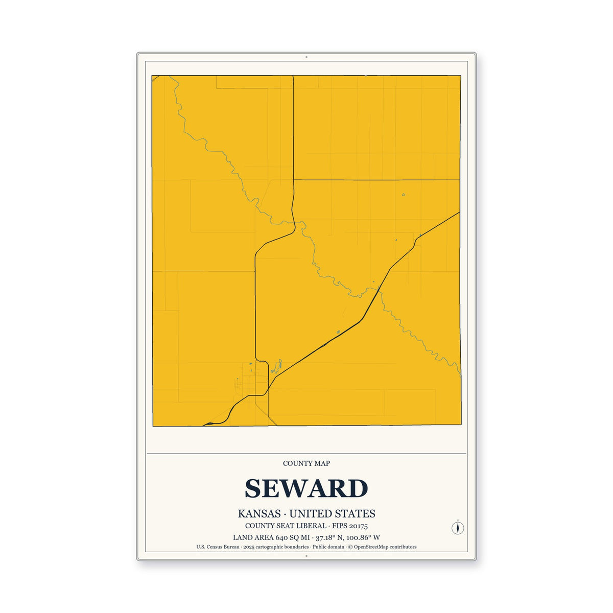 Seward County, Kansas Map Aluminum Sign in Citrine Modern style