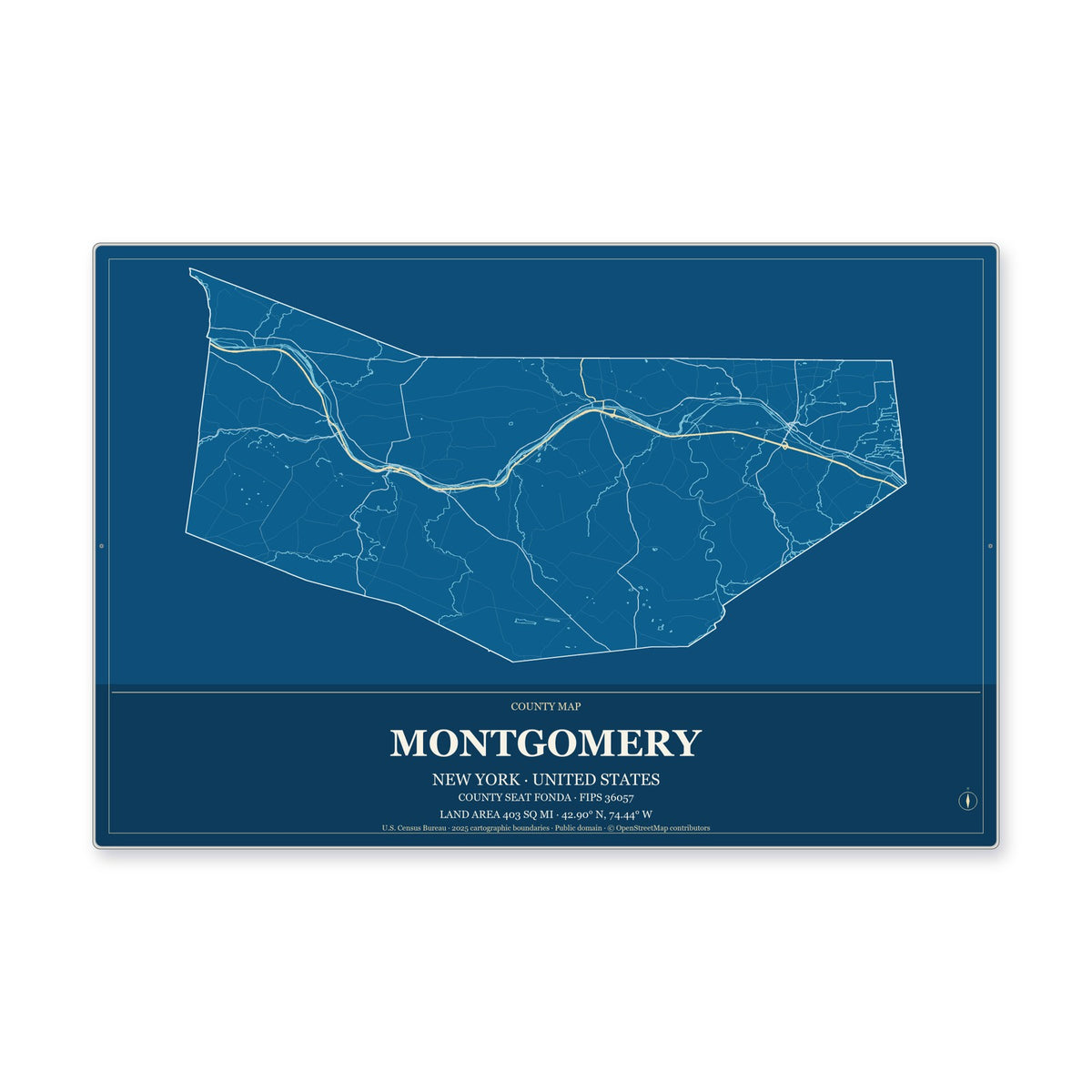 Montgomery County, New York Map Aluminum Sign in Harbor Cobalt style