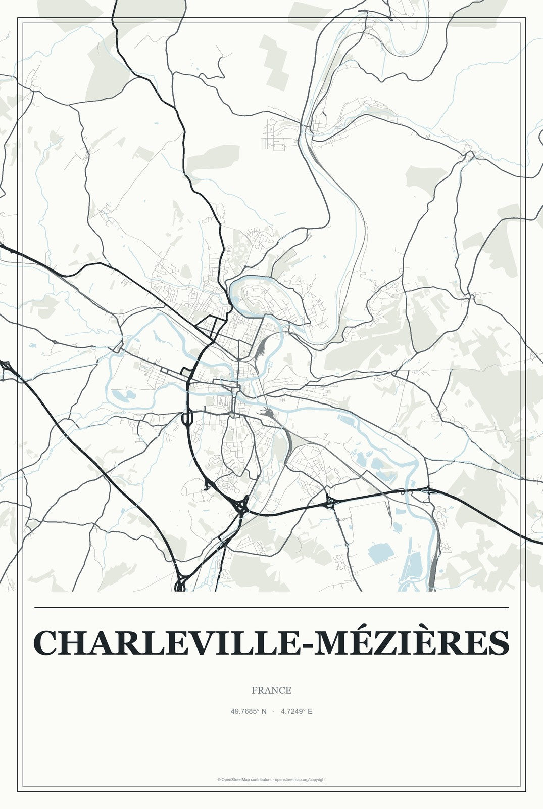 Charleville-Mézières, France City Map Aluminum Sign in Gallery Air style