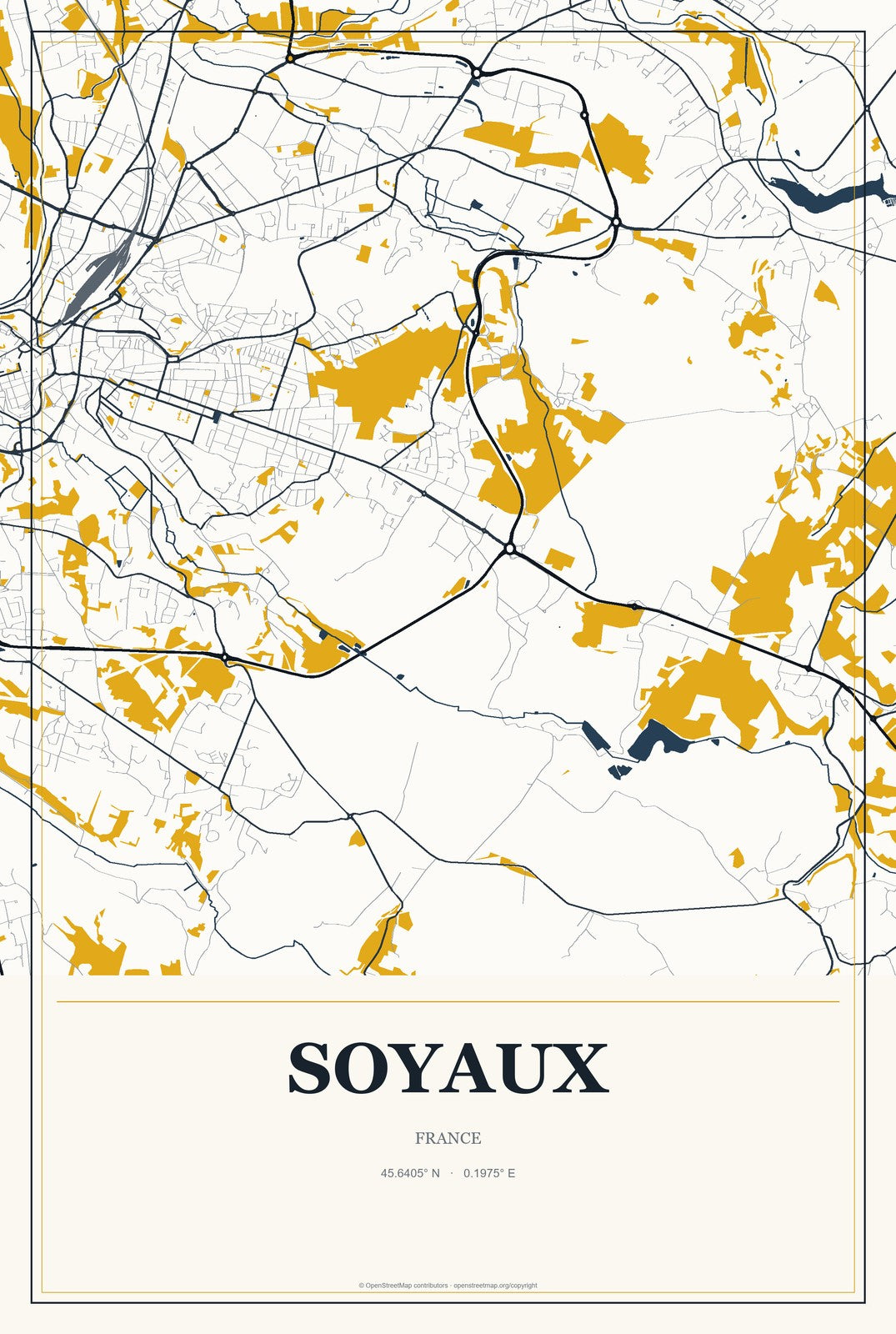 Soyaux, France City Map Aluminum Sign in Citrine Modern style