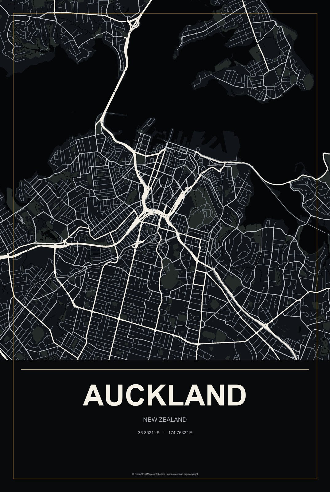 Auckland, New Zealand City Map Aluminum Sign in Metropolitan Noir style