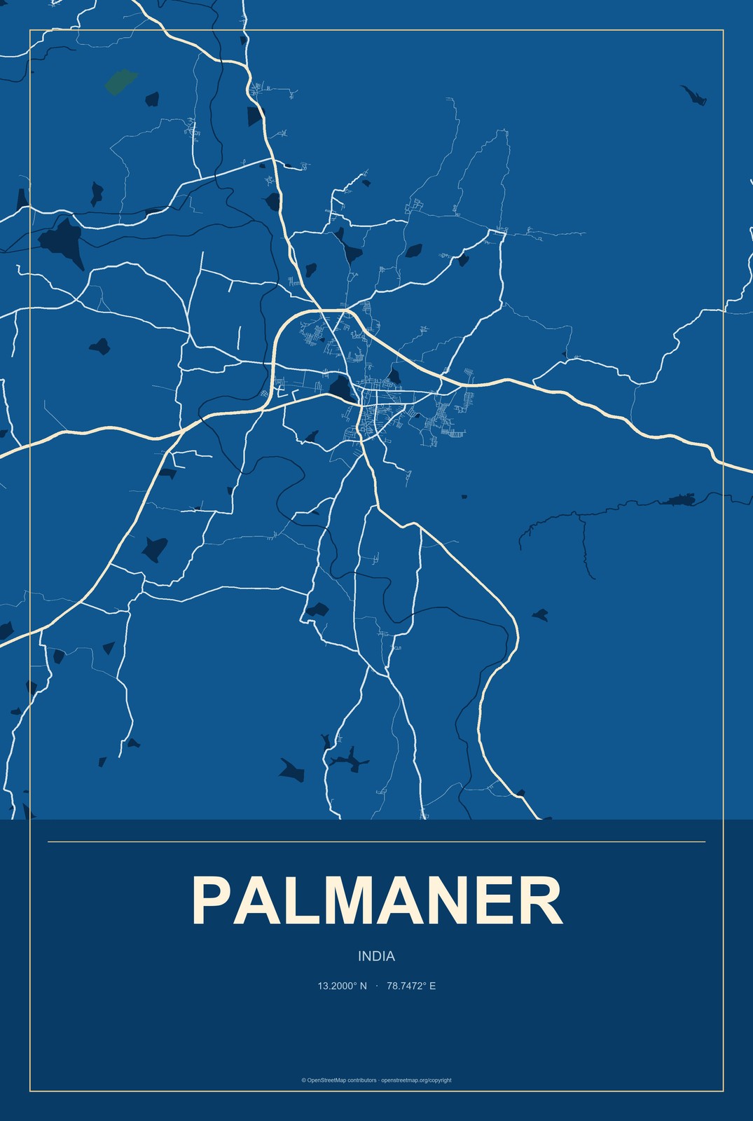 Palmaner, India City Map Aluminum Sign in Harbor Cobalt style