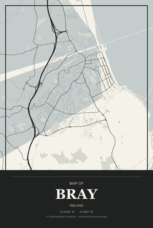 Bray, Ireland City Map Aluminum Sign in Museum Plaque style