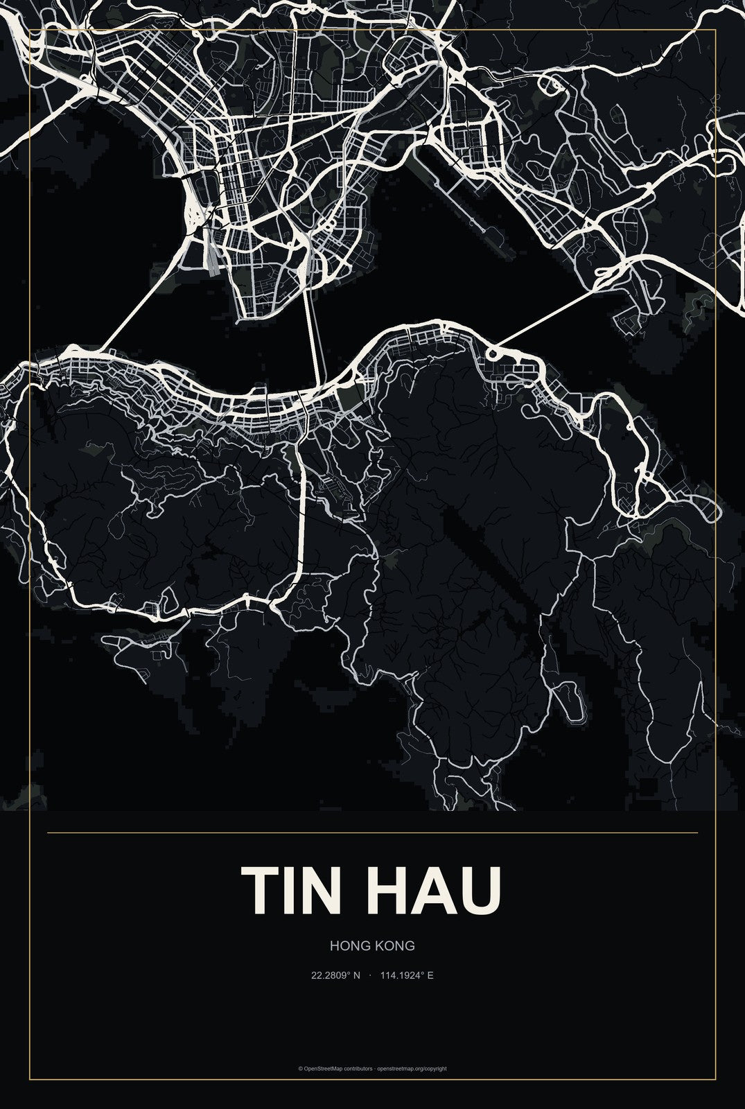 Tin Hau, Hong Kong City Map Aluminum Sign in Metropolitan Noir style