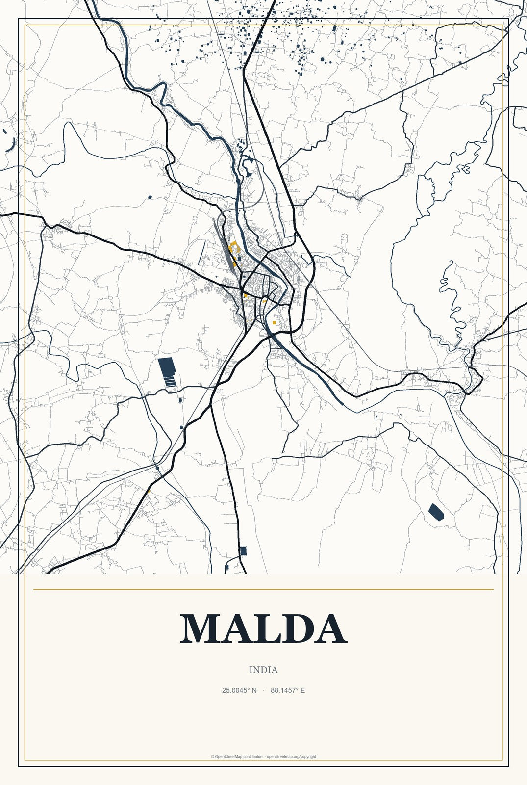 Malda, India City Map Aluminum Sign in Citrine Modern style