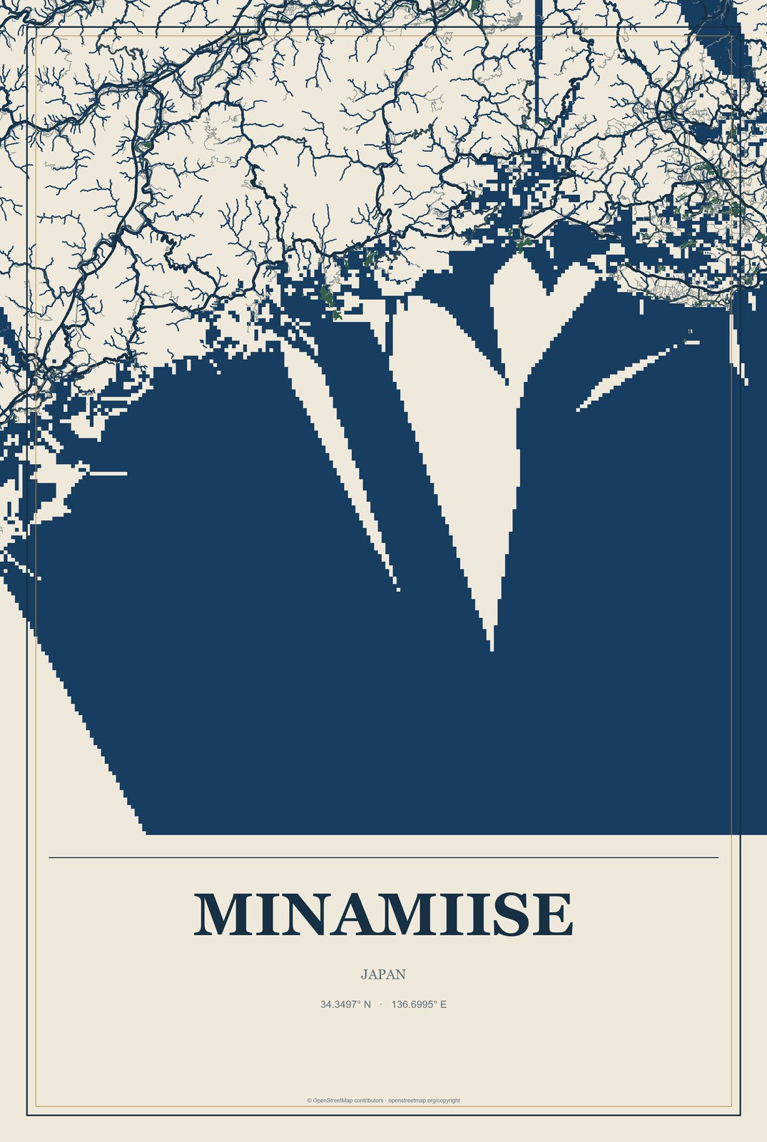 Minamiise, Japan City Map Aluminum Sign in Coastal Cutout style