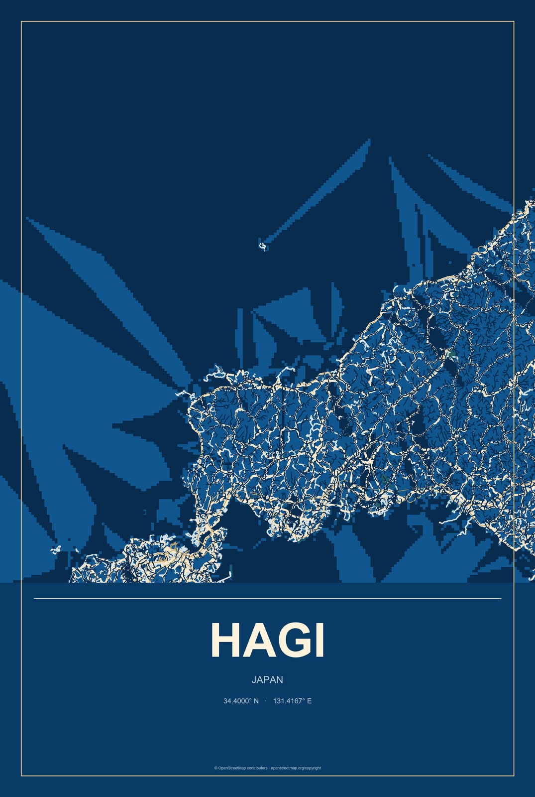 Hagi, Japan City Map Aluminum Sign in Harbor Cobalt style