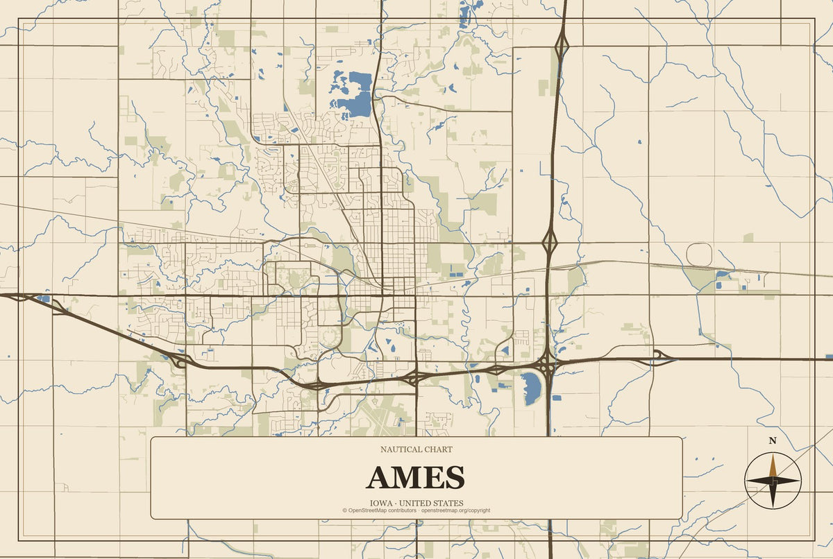 Ames, Iowa City Map Aluminum Sign in Heritage Nautical style