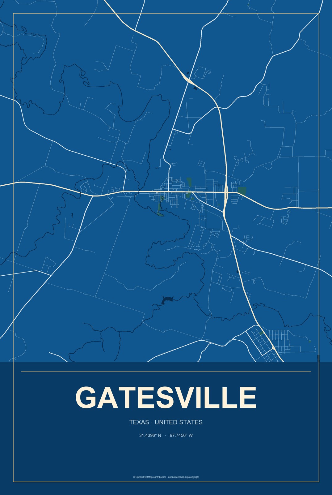 Gatesville, Texas City Map Aluminum Sign in Harbor Cobalt style