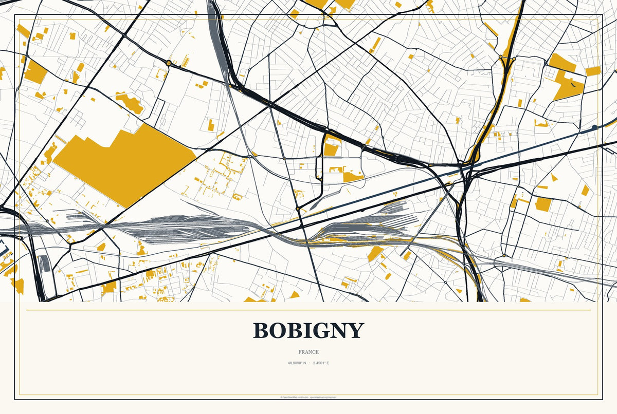 Bobigny, France City Map Aluminum Sign in Citrine Modern style