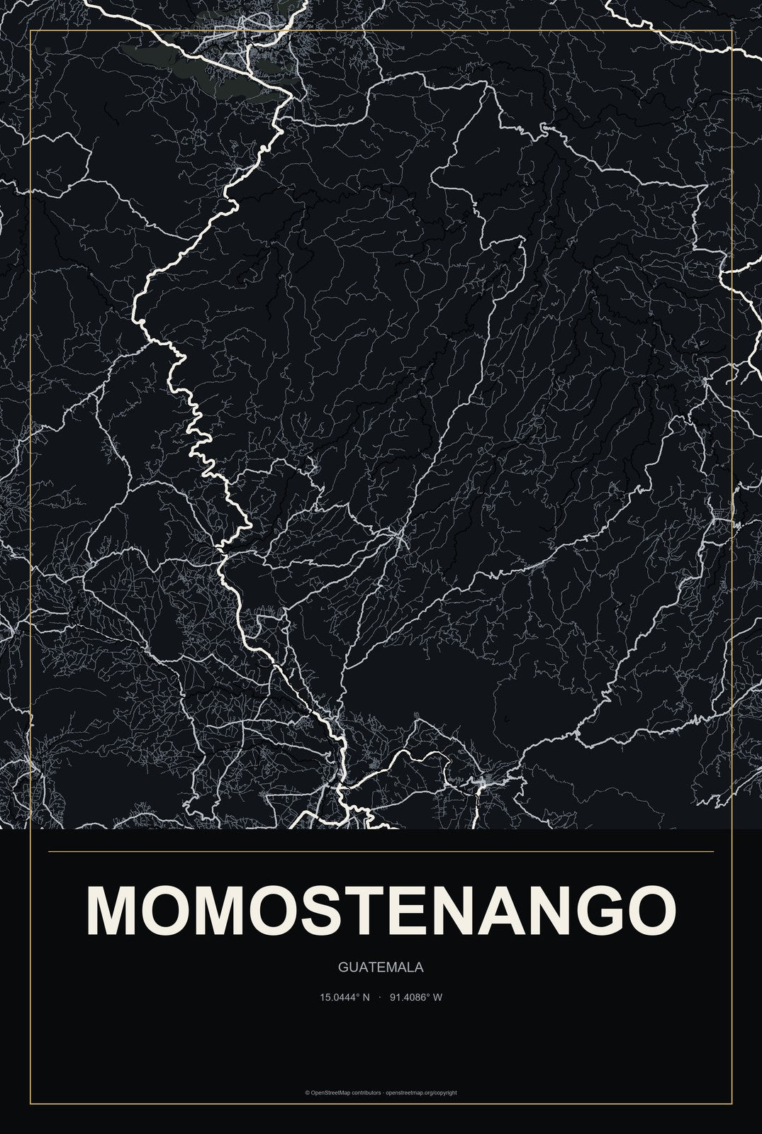 Momostenango, Guatemala City Map Aluminum Sign in Metropolitan Noir style