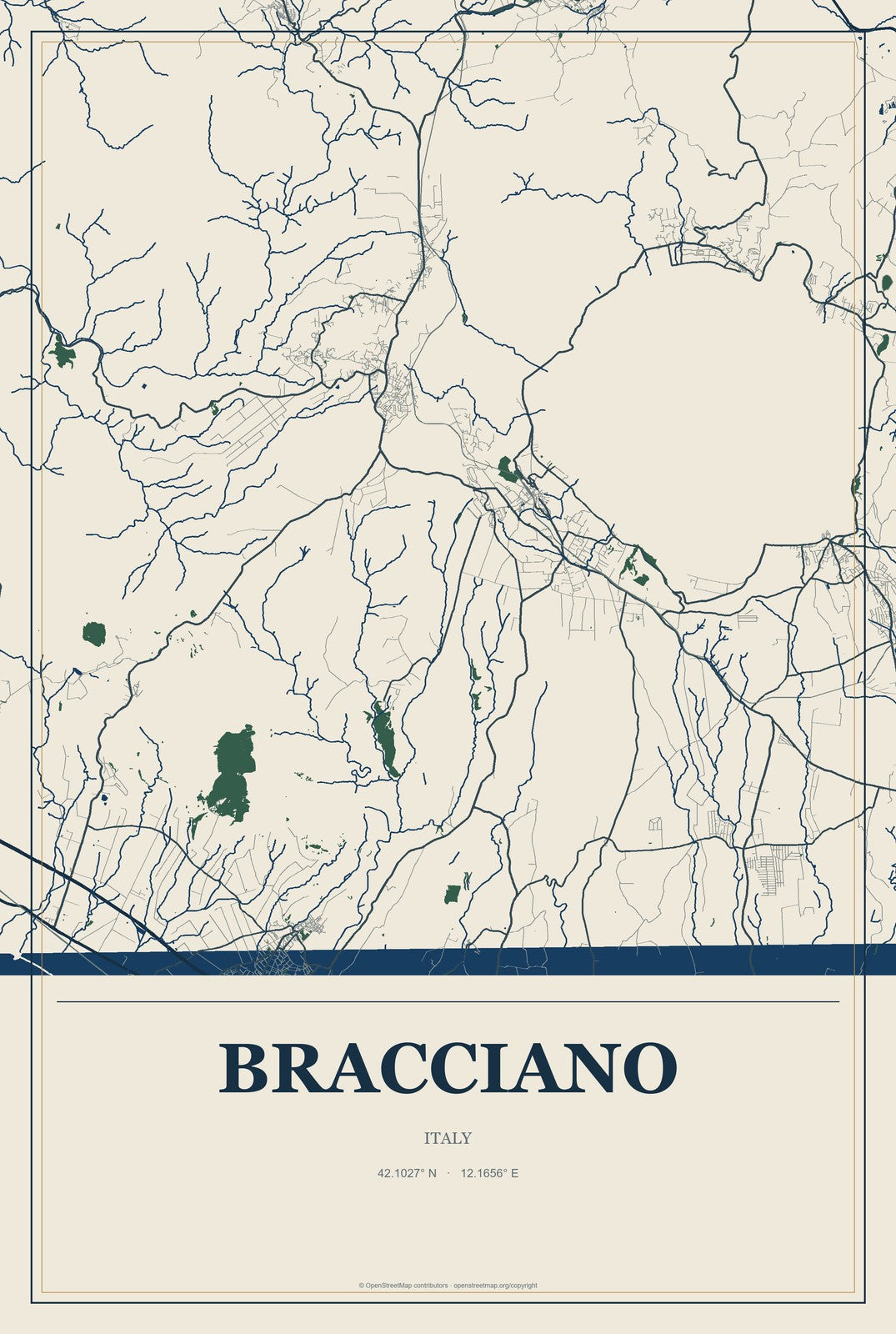 Bracciano, Italy City Map Aluminum Sign in Coastal Cutout style