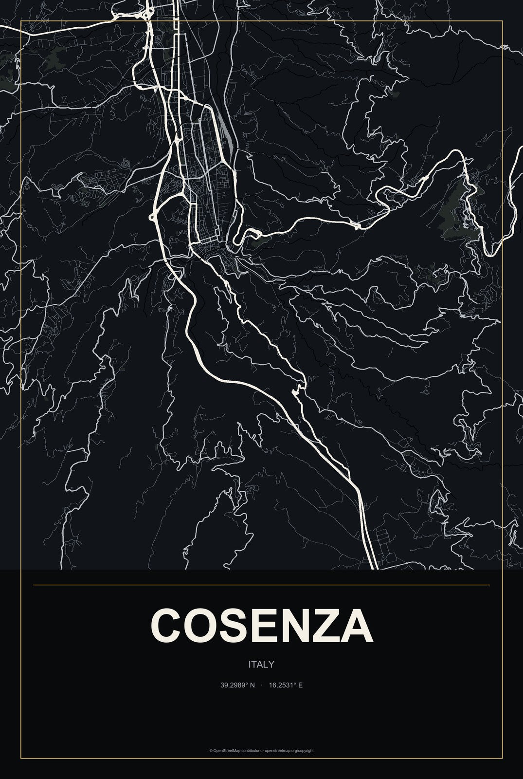 Cosenza, Italy City Map Aluminum Sign in Metropolitan Noir style