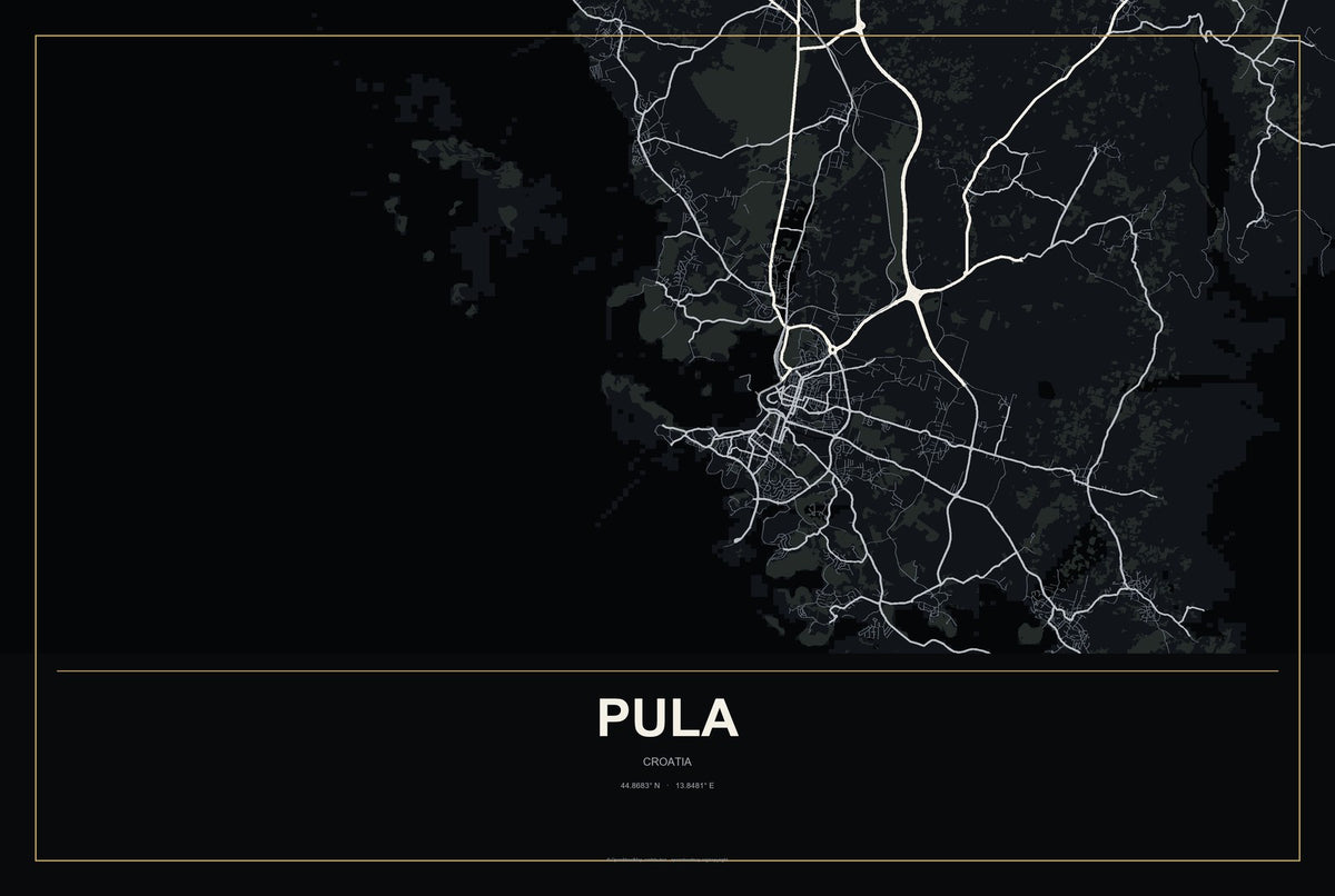 Pula, Croatia City Map Aluminum Sign in Metropolitan Noir style