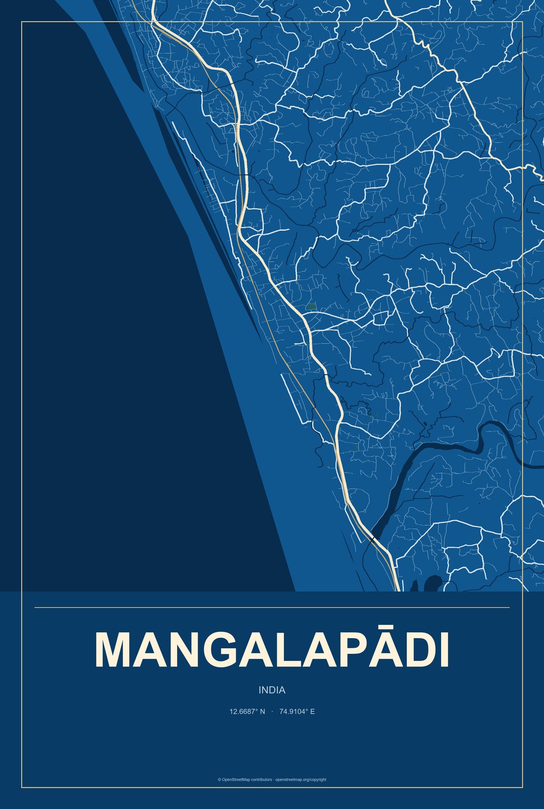 Mangalapādi, India City Map Aluminum Sign in Harbor Cobalt style