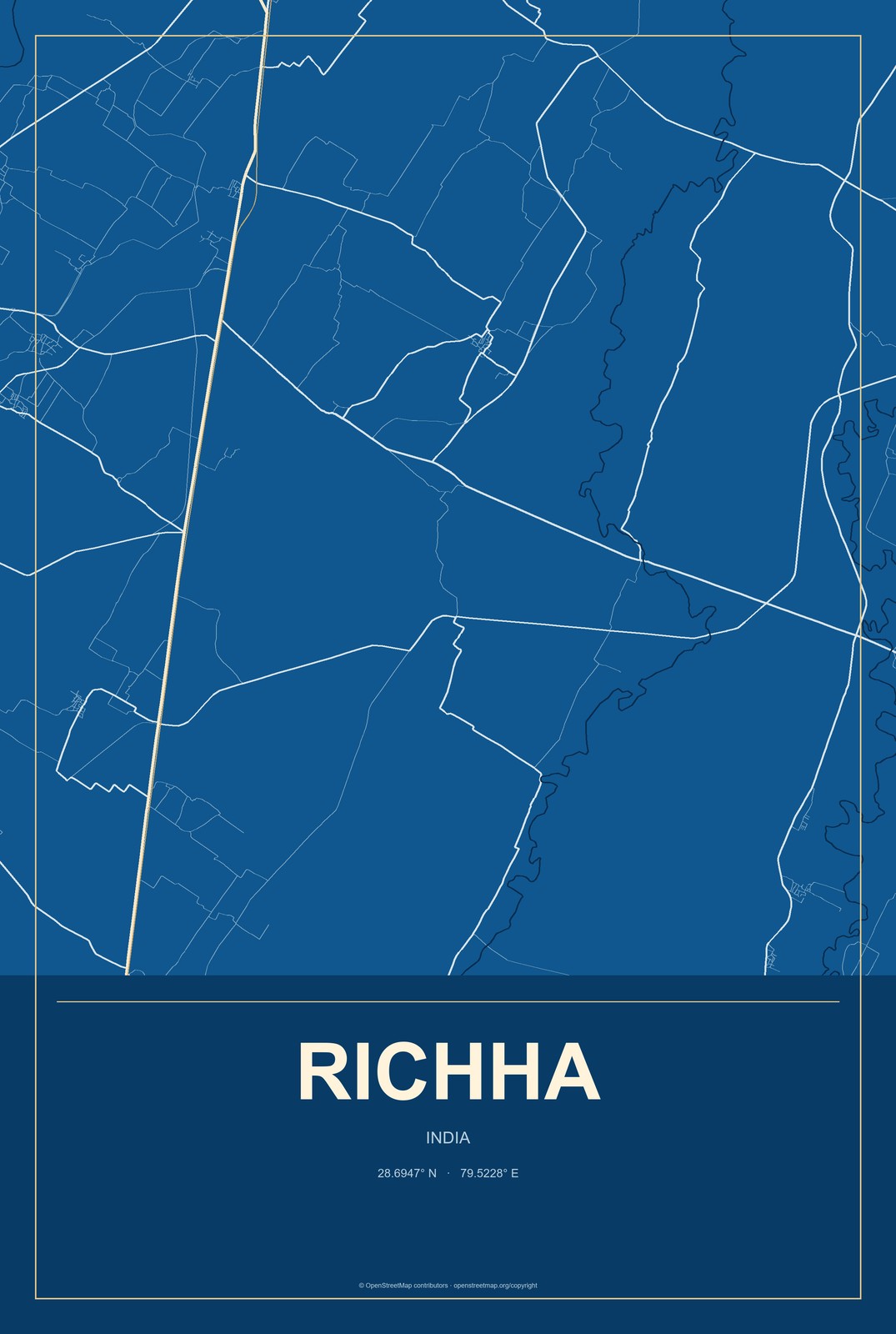 Richha, India City Map Aluminum Sign in Harbor Cobalt style