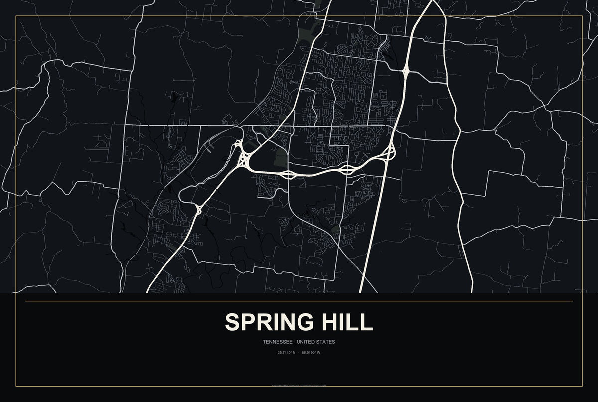 Spring Hill, Tennessee City Map Aluminum Sign in Metropolitan Noir style