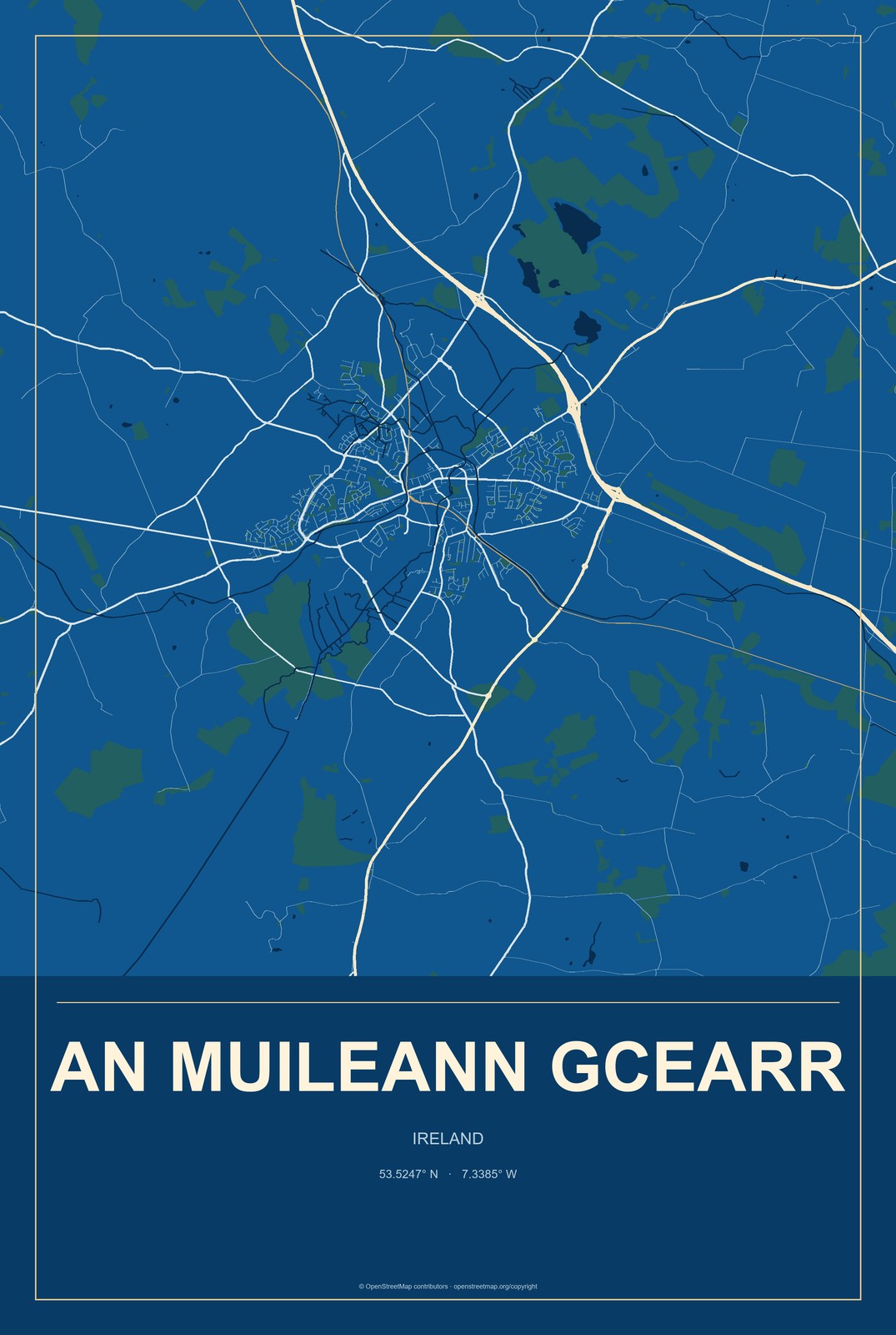 An Muileann gCearr, Ireland City Map Aluminum Sign in Harbor Cobalt style