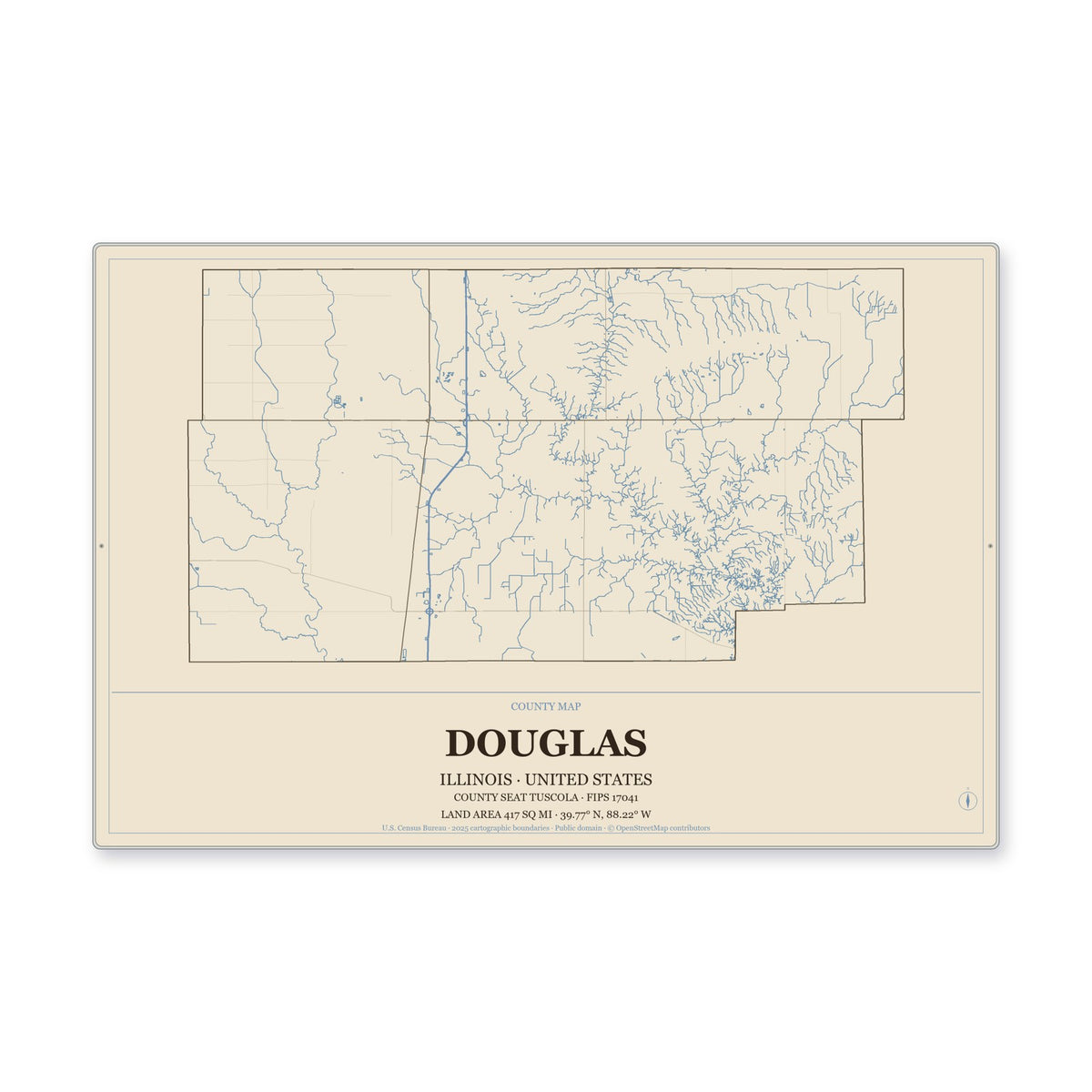 Douglas County, Illinois Map Aluminum Sign in Heritage Nautical style