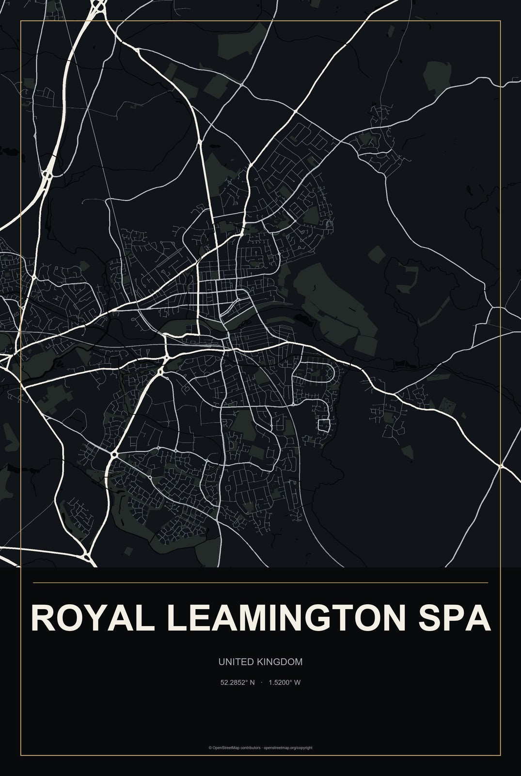Royal Leamington Spa, United Kingdom City Map Aluminum Sign in Metropolitan Noir style
