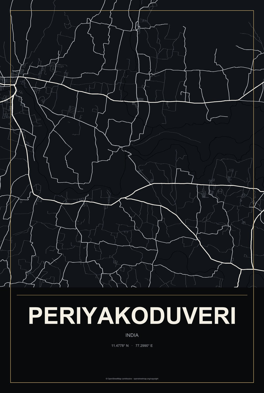 Periyakoduveri, India City Map Aluminum Sign in Metropolitan Noir style