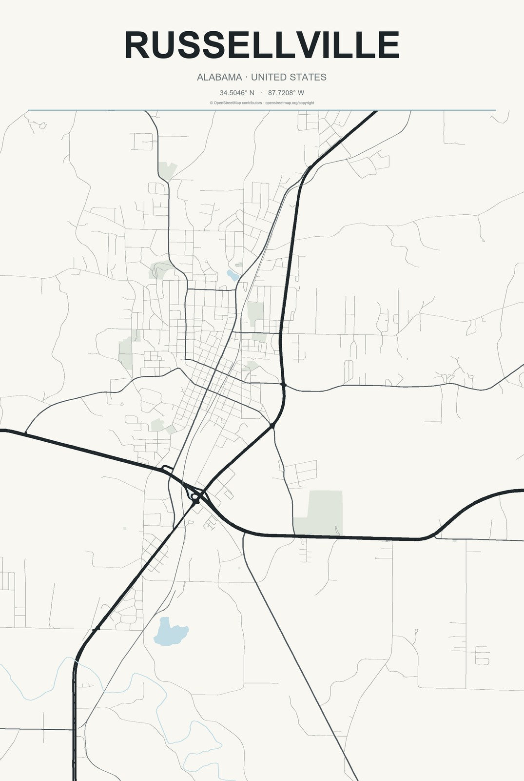 Russellville, Alabama City Map Aluminum Sign in Headline Atlas style