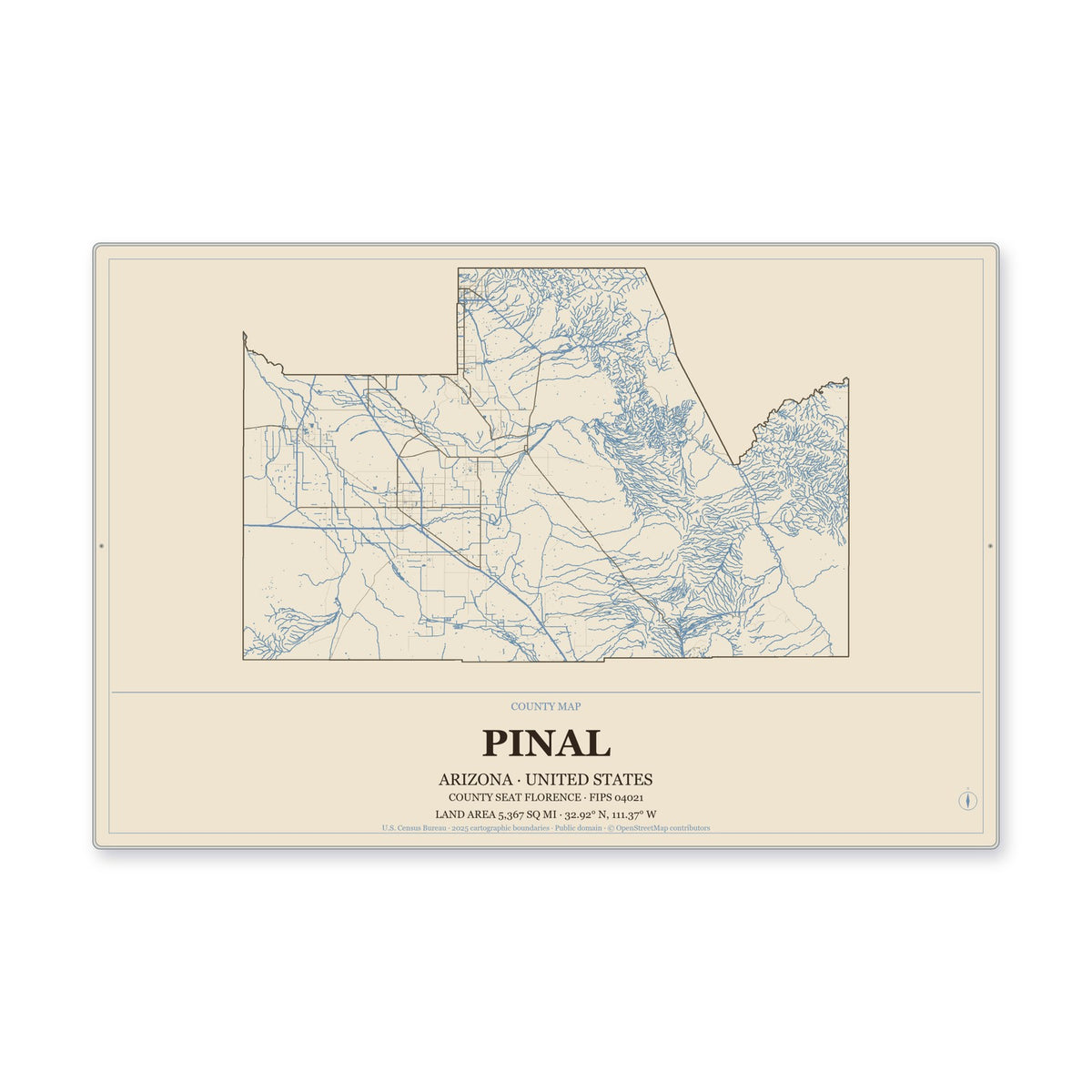 Pinal County, Arizona Map Aluminum Sign in Heritage Nautical style