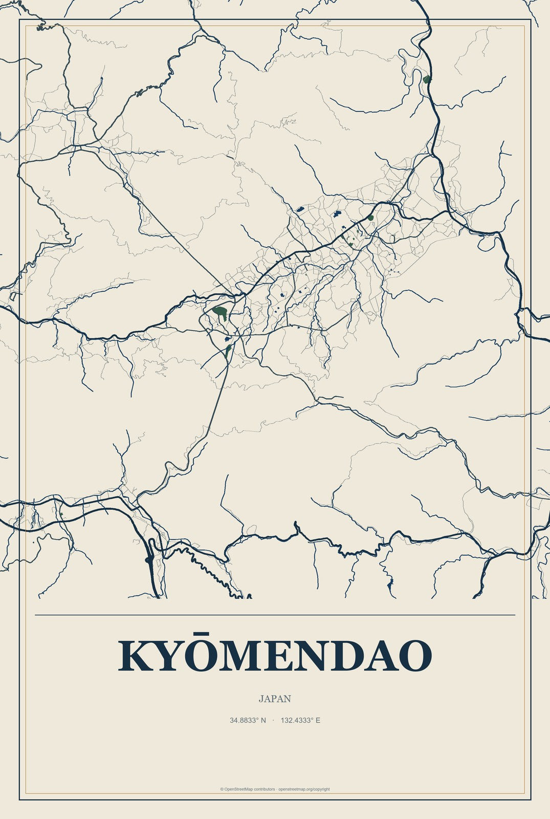 Kyōmendao, Japan City Map Aluminum Sign in Coastal Cutout style