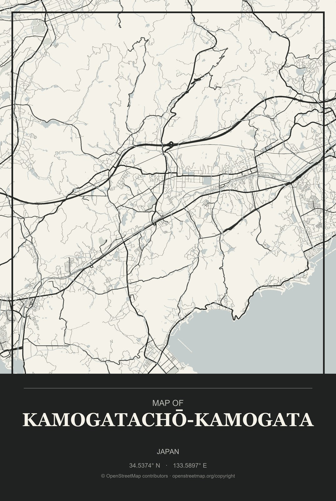 Kamogatachō-kamogata, Japan City Map Aluminum Sign in Museum Plaque style