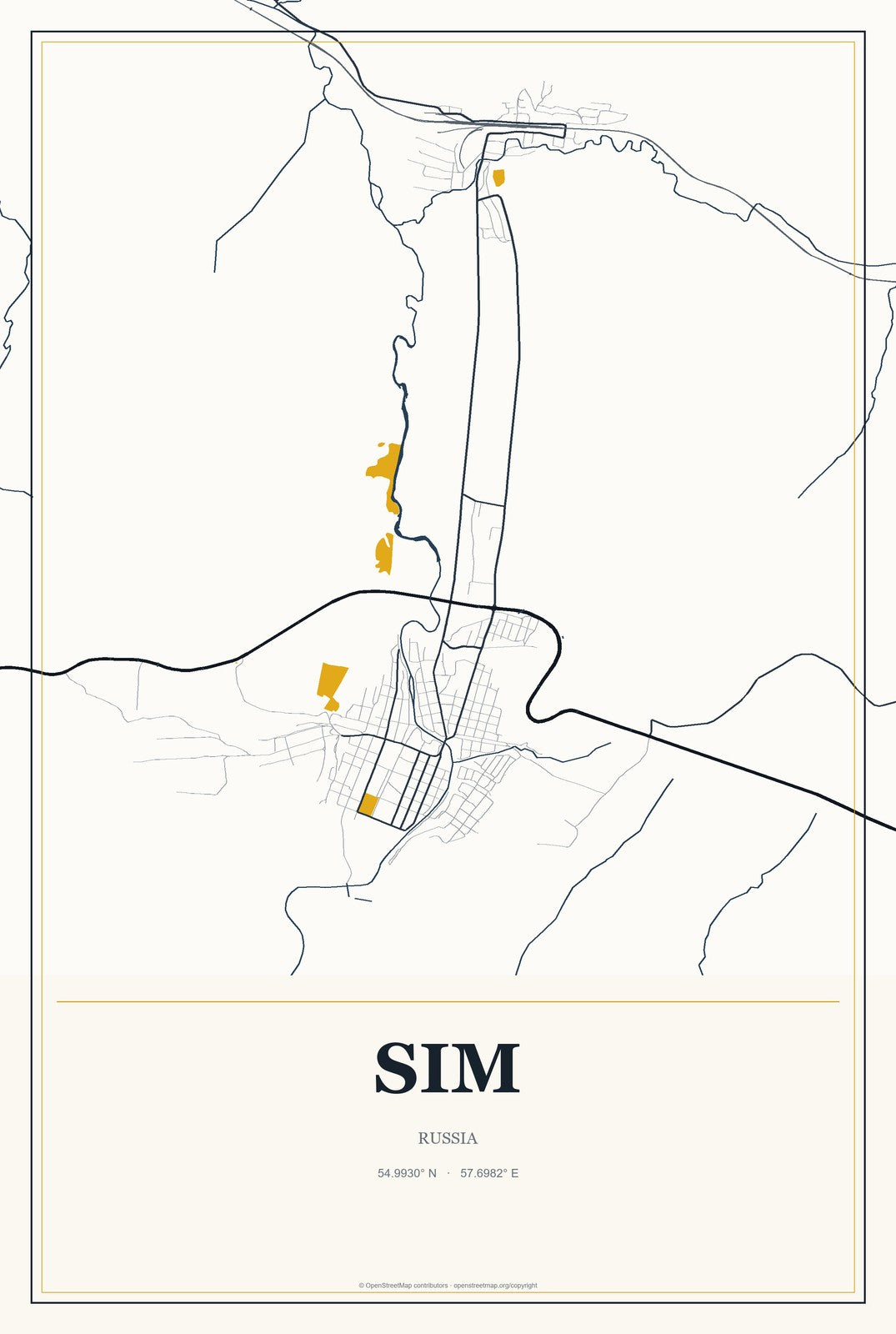 Sim, Russia City Map Aluminum Sign in Citrine Modern style
