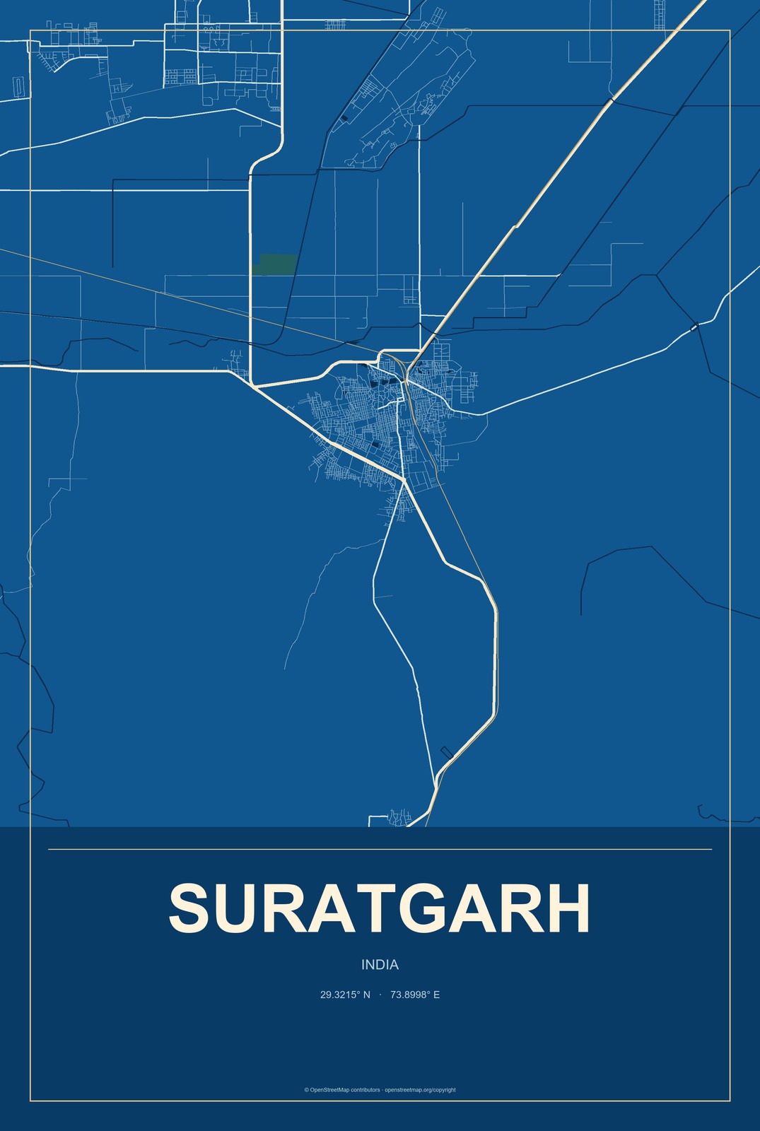 Suratgarh, India City Map Aluminum Sign in Harbor Cobalt style