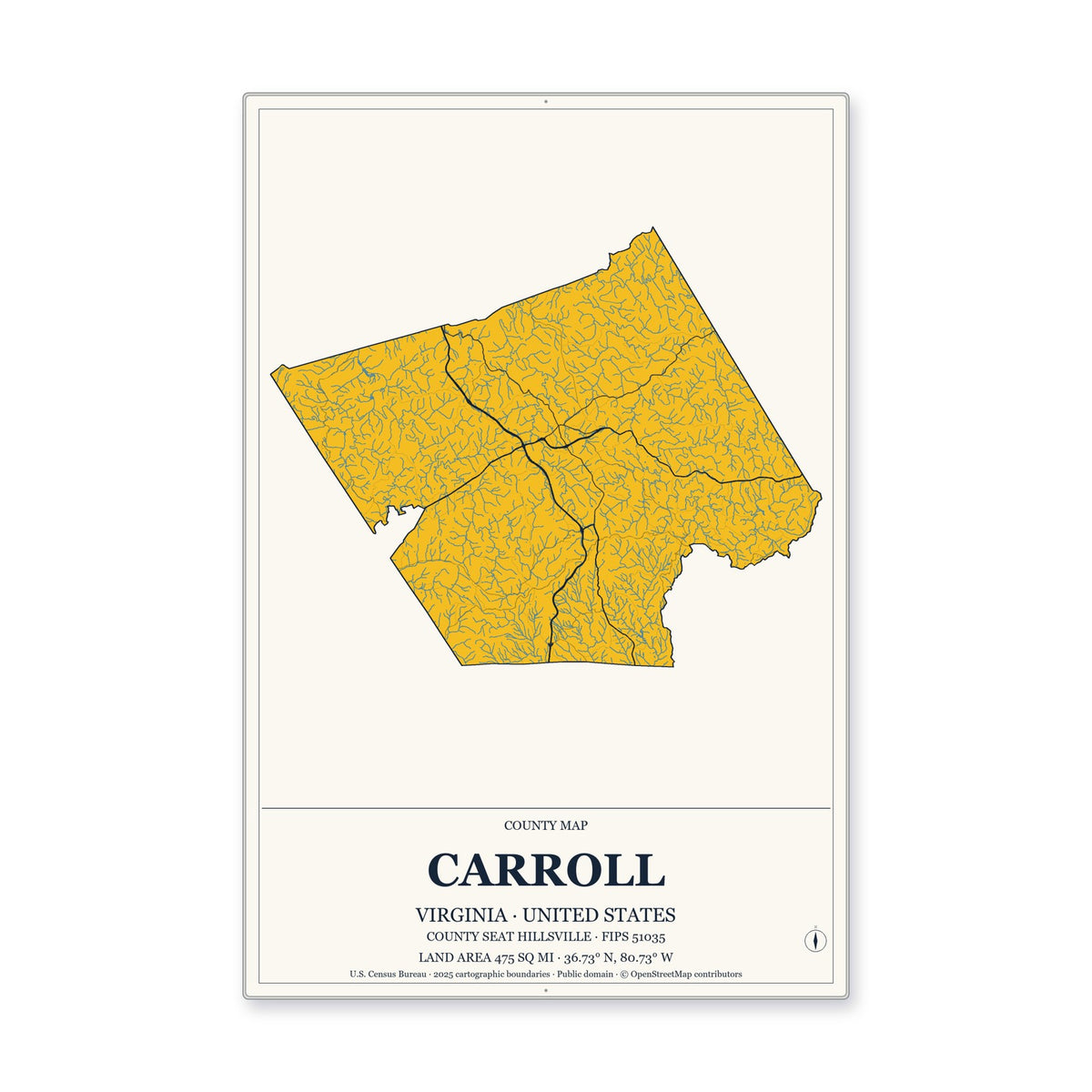 Carroll County, Virginia Map Aluminum Sign in Citrine Modern style