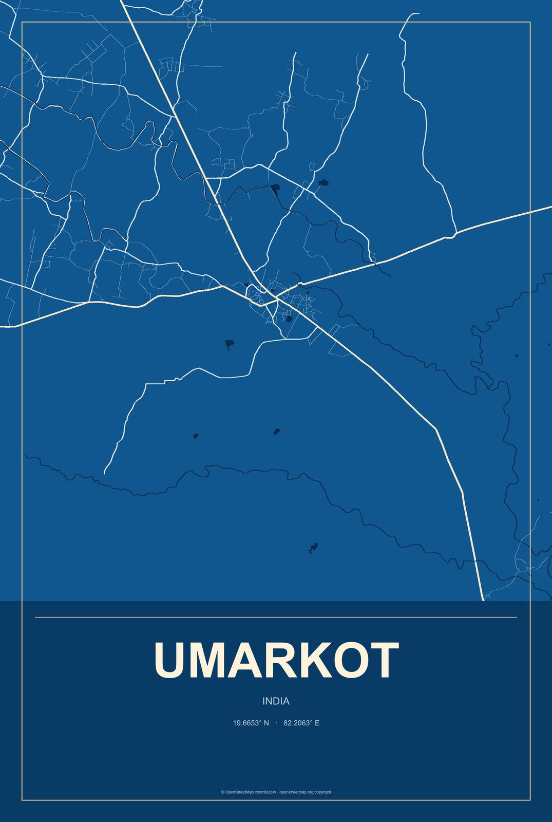 Umarkot, India City Map Aluminum Sign in Harbor Cobalt style