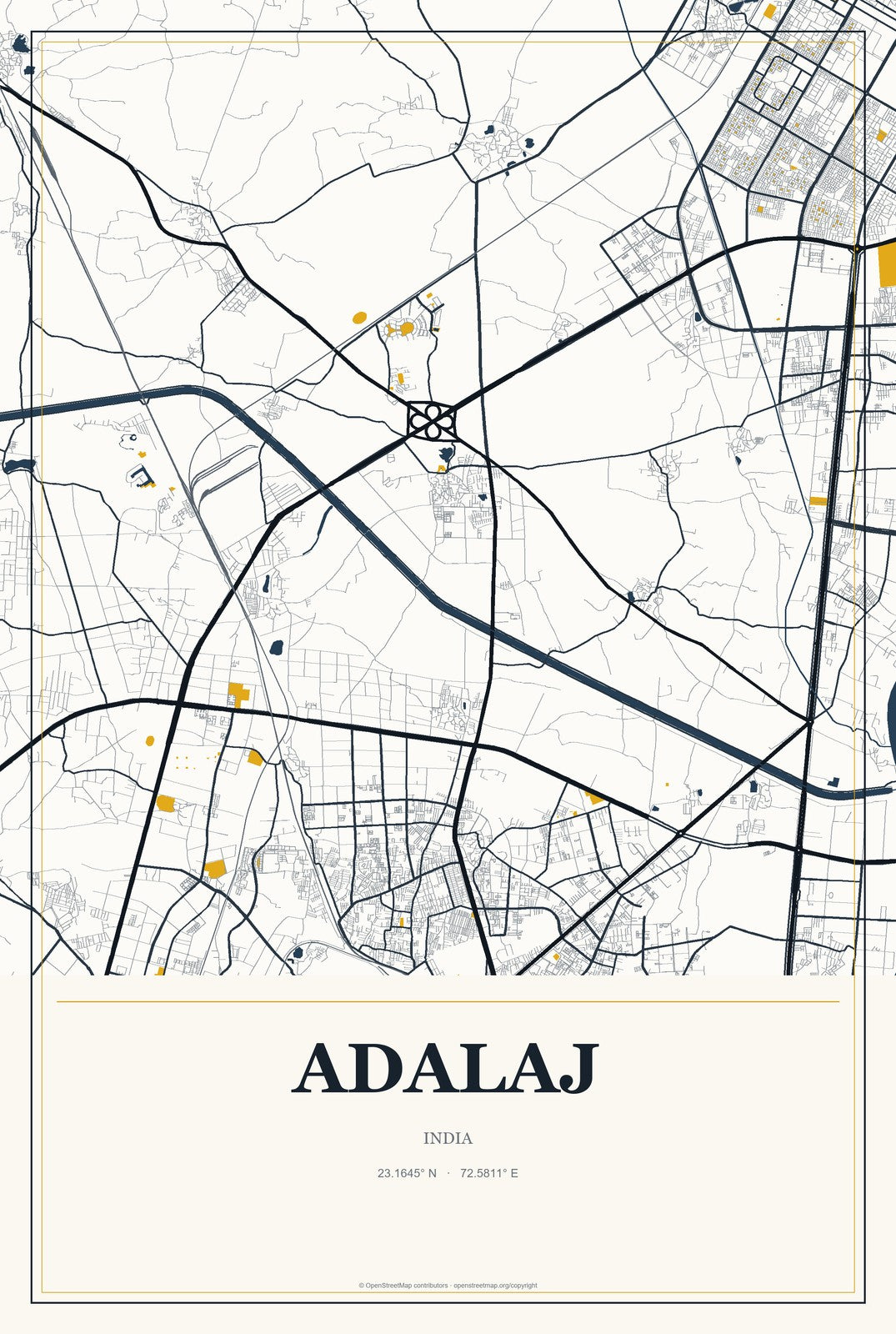 Adalaj, India City Map Aluminum Sign in Citrine Modern style