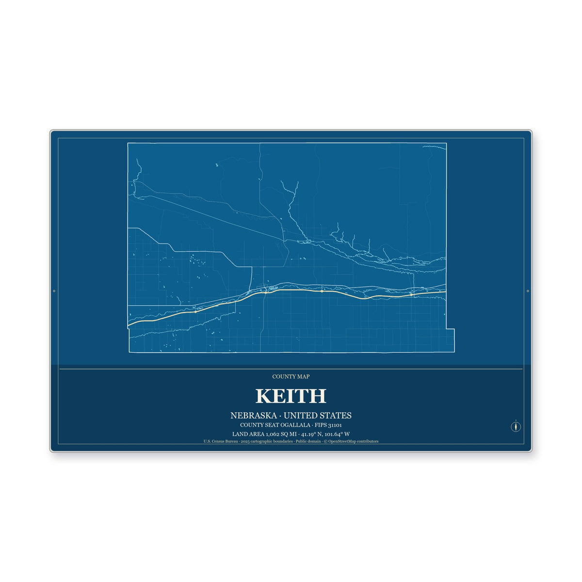 Keith County, Nebraska Map Aluminum Sign in Harbor Cobalt style