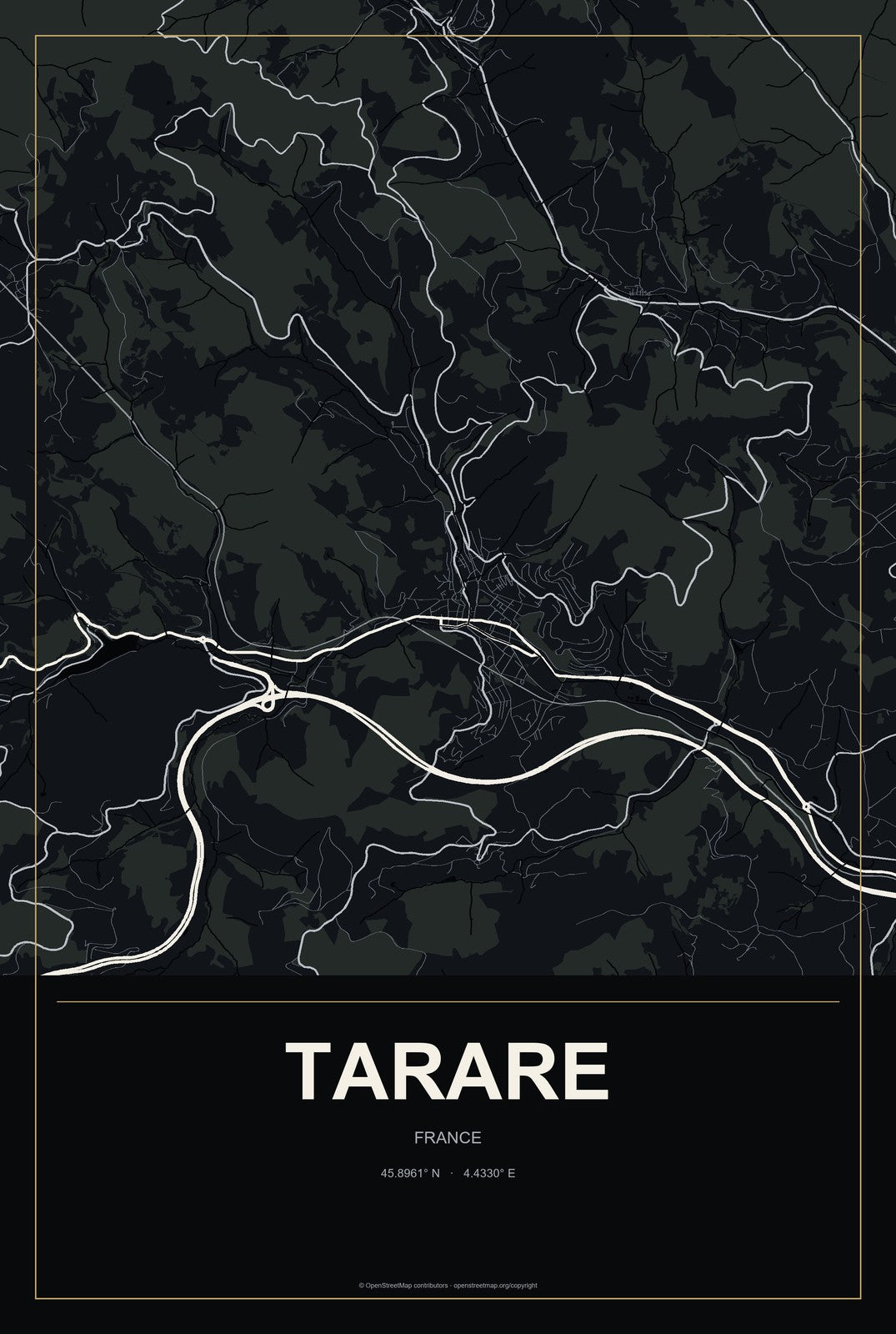Tarare, France City Map Aluminum Sign in Metropolitan Noir style