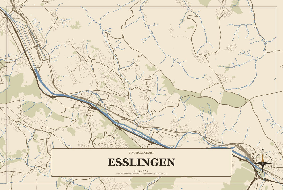 Esslingen, Germany City Map Aluminum Sign in Heritage Nautical style