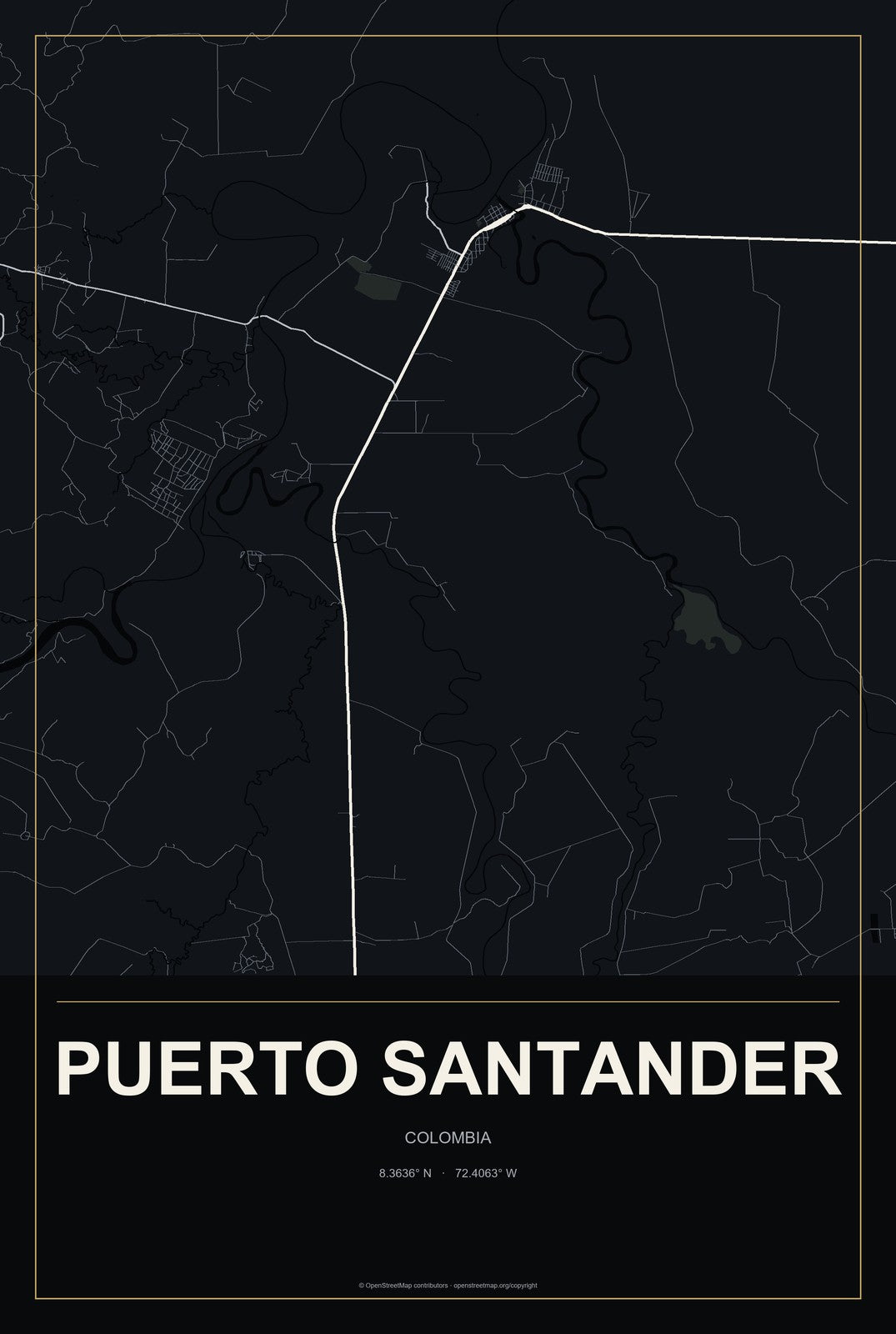 Puerto Santander, Colombia City Map Aluminum Sign in Metropolitan Noir style