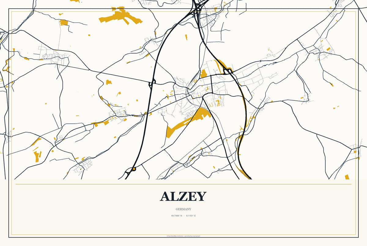 Alzey, Germany City Map Aluminum Sign in Citrine Modern style