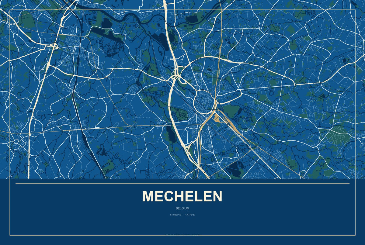 Mechelen, Belgium City Map Aluminum Sign in Harbor Cobalt style