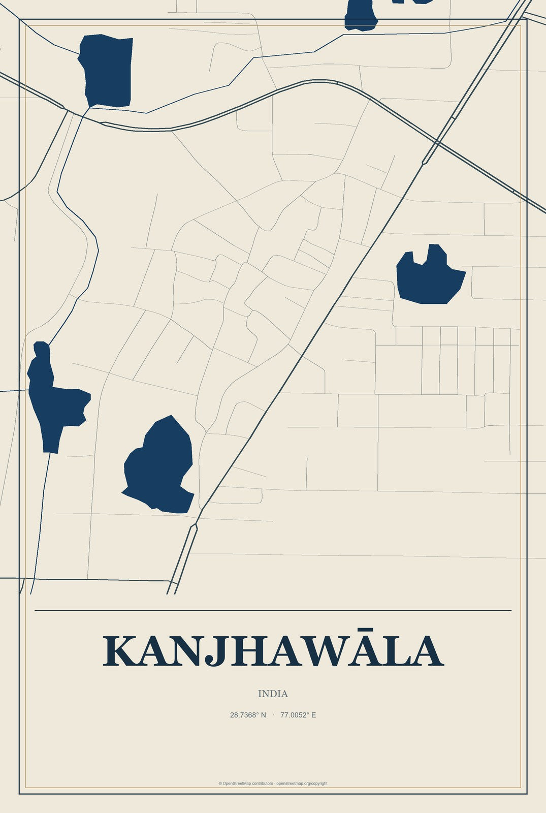 Kanjhawāla, India City Map Aluminum Sign in Coastal Cutout style