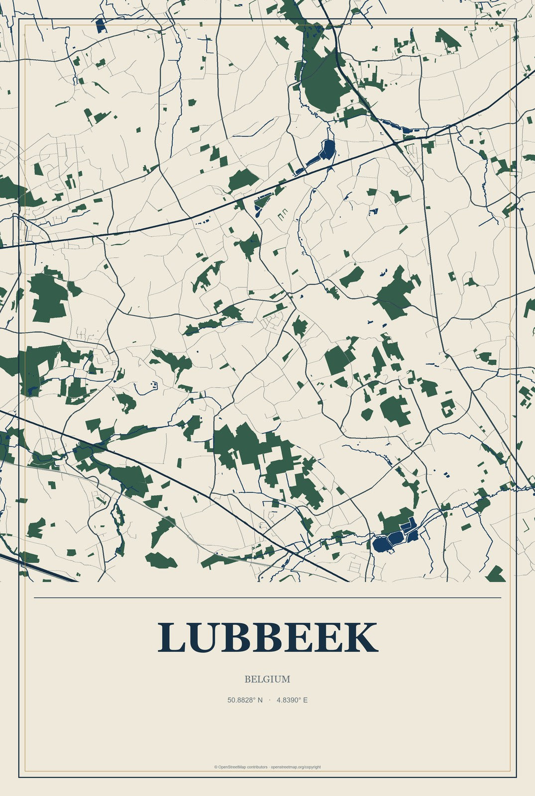 Lubbeek, Belgium City Map Aluminum Sign in Coastal Cutout style