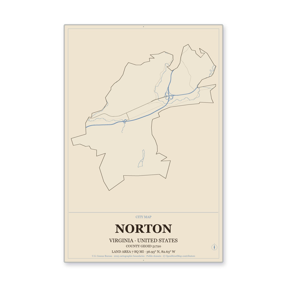 Norton city, Virginia Map Aluminum Sign in Heritage Nautical style