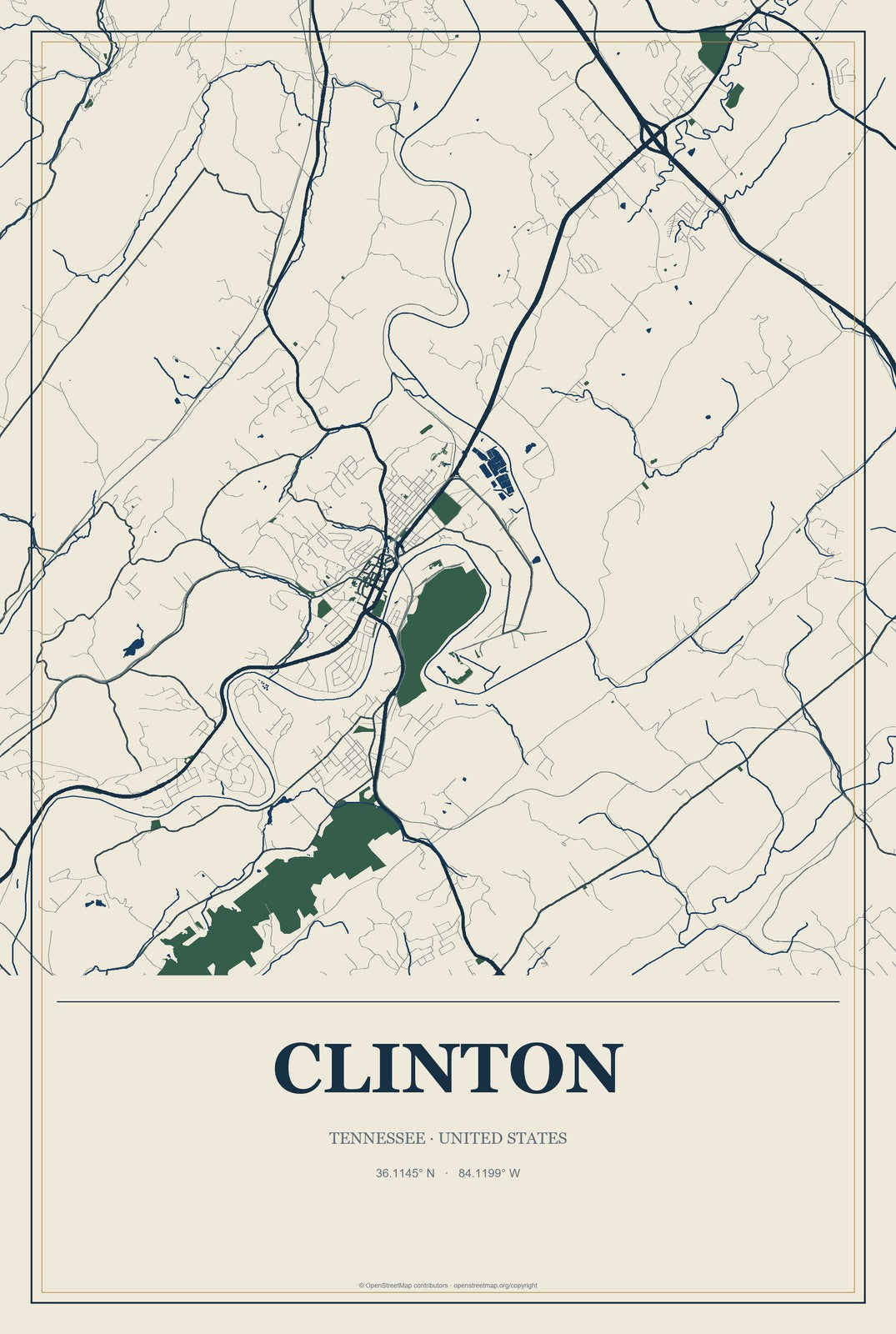 Clinton, Tennessee City Map Aluminum Sign in Coastal Cutout style