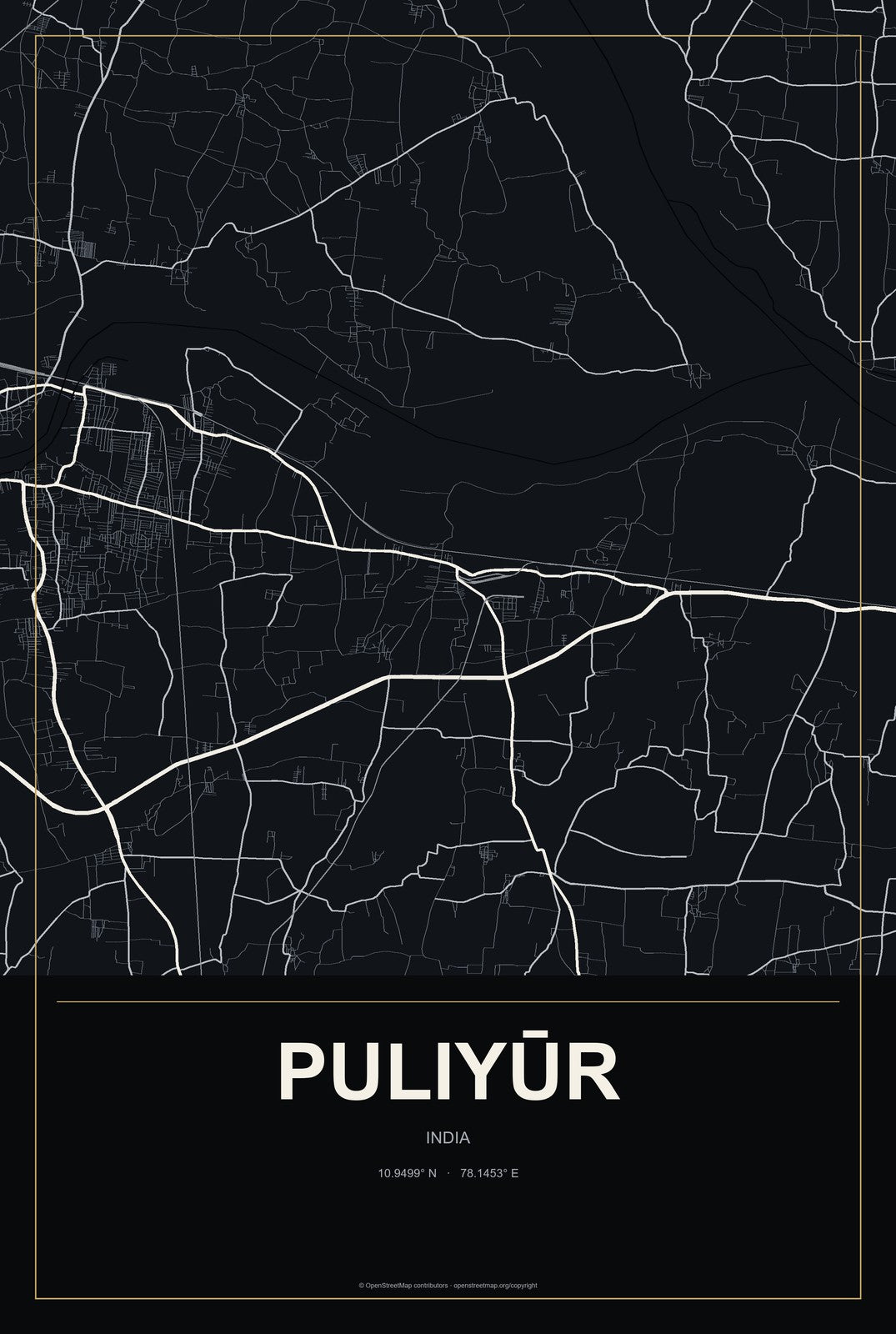 Puliyūr, India City Map Aluminum Sign in Metropolitan Noir style
