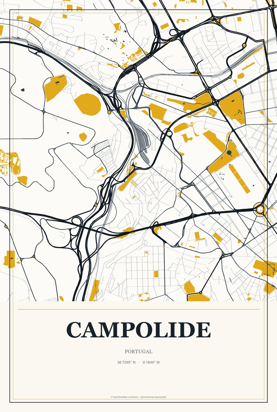 Campolide, Portugal City Map Aluminum Sign in Citrine Modern style