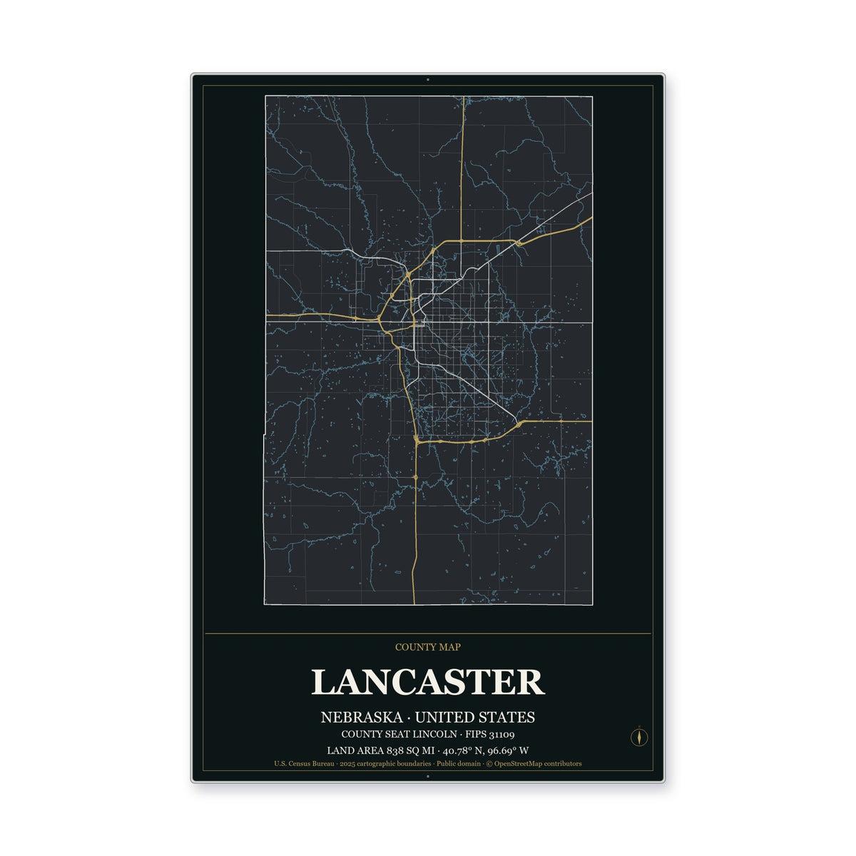 Lancaster County, Nebraska Map Aluminum Sign in Metropolitan Noir style