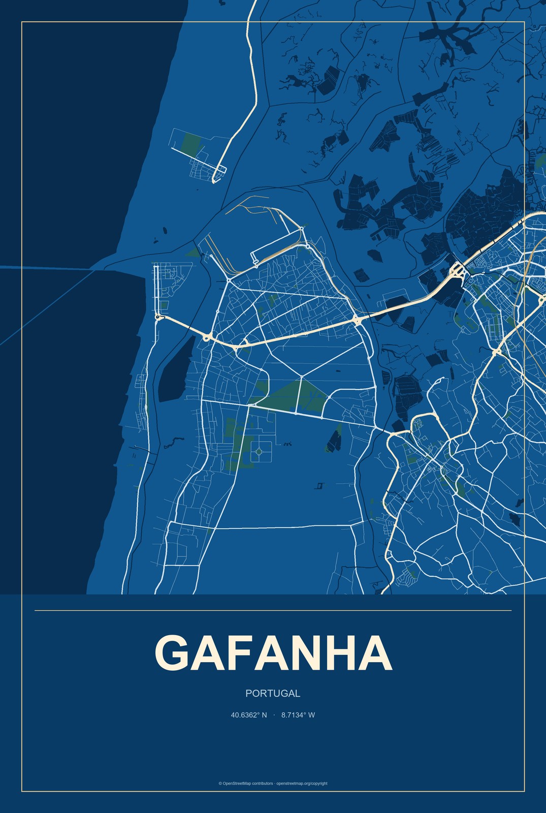 Gafanha, Portugal City Map Aluminum Sign in Harbor Cobalt style