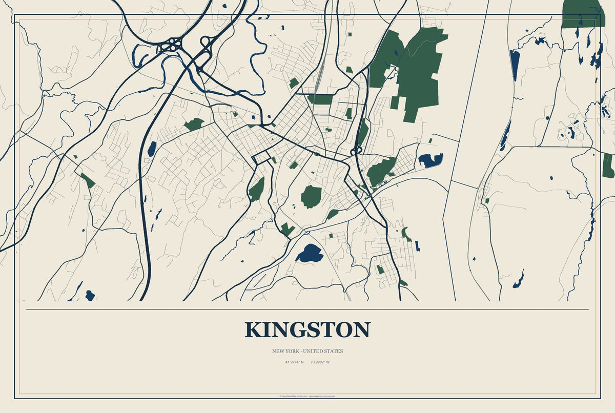 Kingston, New York City Map Aluminum Sign in Coastal Cutout style