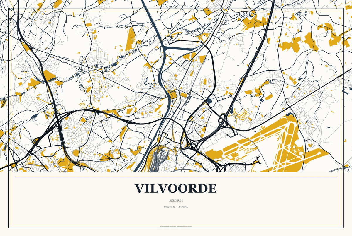 Vilvoorde, Belgium City Map Aluminum Sign in Citrine Modern style